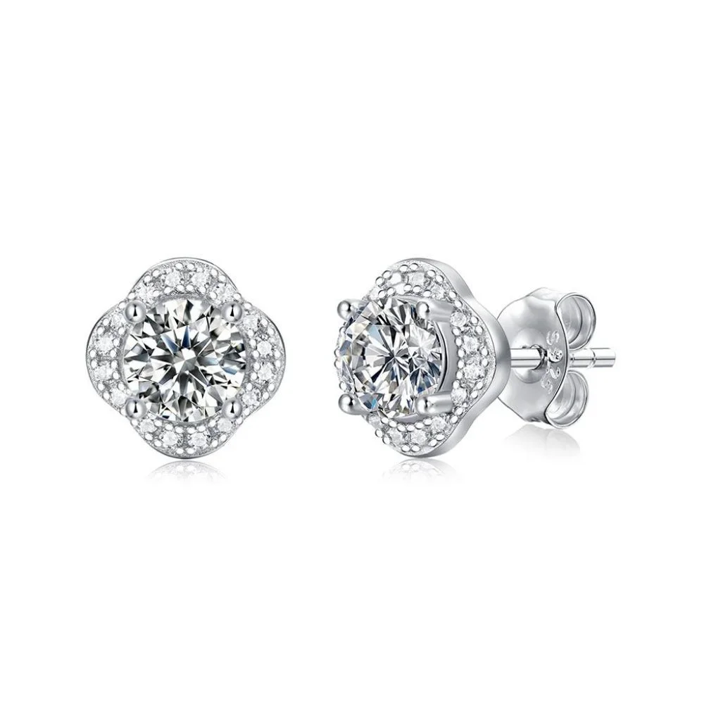 Certified 1ct. t.w. Moissanite Diamond Clover Halo Stud Earrings NEW